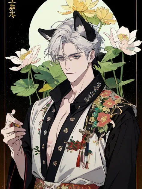 ((4K、masterpiece、highest quality))、(two men smiling face to face)、White-haired man with beautiful fox ears、strong man with black hair with wolf ears、Ink painting and watercolor painting、traditional chinese ink painting、lotus、Hanfu、maxi kit、dress conservati...