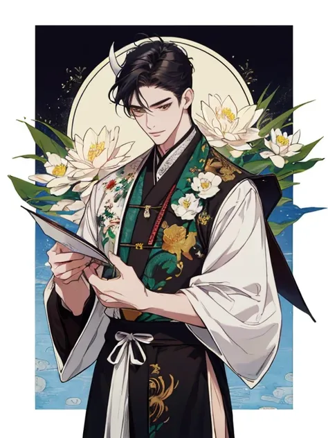 ((4K、masterpiece、highest quality))、(two men smiling face to face)、White-haired man with beautiful fox ears、strong man with black hair with wolf ears、Ink painting and watercolor painting、traditional chinese ink painting、lotus、Hanfu、maxi kit、dress conservati...