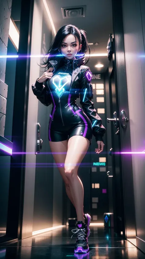 A portrait of a neo futura Mirror Skyscraper, running sprinting Upwards on the Outside Glass Window of the building, a young beautiful mature female with Long and black hair, silver eyes, Caucasian traits, wearing a black and purple cybernetic full body pe...