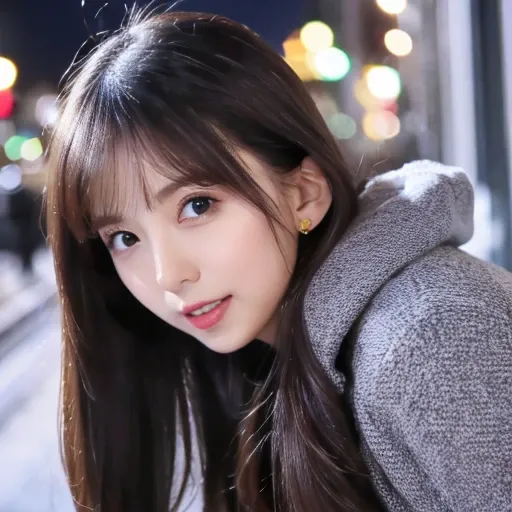 (best quality,highres:1.2),ultra-detailed,realistic,girl,25 years old,slender,large breasts,G-cup,winter clothes,white knit sweater,navy coat,night view,after work,childlike face,double eyelids,frontal expression,adorable,cute,small nose