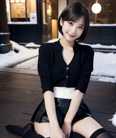 Japan Solo Women、mini skirt、black stockings、sweater、（master piece、realistic、Raw photo、8k）、Ecchi smile、emphasize the chest、Companion&#39;s perspective、naughty pose、wavy short bob cut、detailed face、realistic skin、whole body、Japan in winter