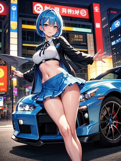 Rem, re zero,1girl, blue hair, short bob hair, blue eyes, detailed eyes, smile, skirt, red skirt, navel, white top, full height, perfect body, slender legs, medium breasts, shoes, cowgirl position
Night city, lights 
car, car Nissan GTR, more_details:-1, m...