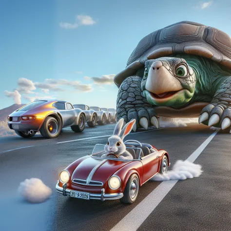 There was a tortoise and a hare driving a car, surreal 3D 插图, 3 days epic illustrations, Pixar《Zootopia》. 3 days rendering, 3 days animated movie, c 4 d ”, artistic rendering, turbine, surreal, Octane Rendering&quot;, Octane Rendering&quot;, CG art, 3 days...