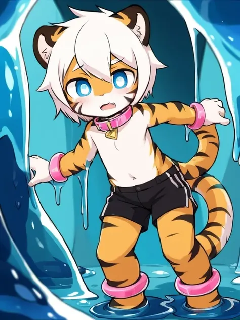 （4k，8k，best quality，meticulous details，Delicate light，Delicate short hair）Tiger cubs，White hair，dark blue pupils，There is something strange，surprise，touch slime，black shorts，big blue striped tail，Little fresh，Sneak into the slime，Enter the slime，Shota，Pink...