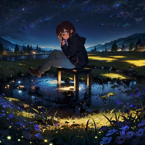 1 person picture. alone. Draw a beautiful woman, 30 years old, smiling, shoulder-length brown hair, black glasses, black hooded jacket, jeans. She is sitting at a beautiful piano. Her fingers are on the keys. In the background is a meadow at night with fir...