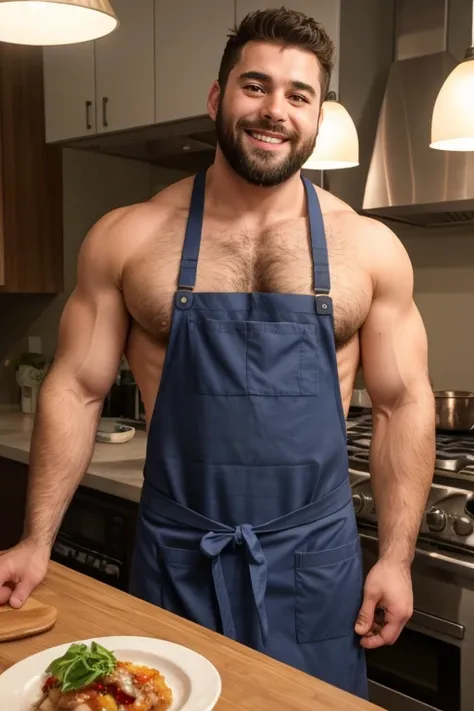 hairy(stocky) hot hunk, chef, wearing apron, cooking, kitchen, beard, pubic hairs, dadbody, super hairy body, cute face, cute smile