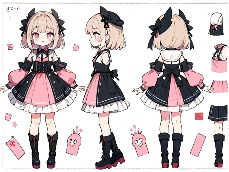 character sheet,masterpiece, highest quality, cute, cute, 1 girl, alone, mine series,black goth loli,platform boots,pink makeup,...