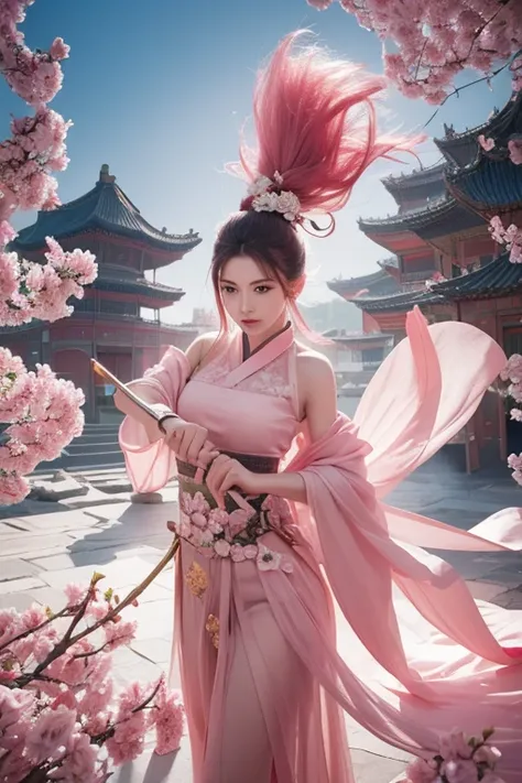 Martial arts，The female knight looks absolutely beautiful，Hot figure，Graceful and graceful，Dressed in pink，Fairy sword in hand，Temperament type pink fairy air hovering，Chinese red flower palace background