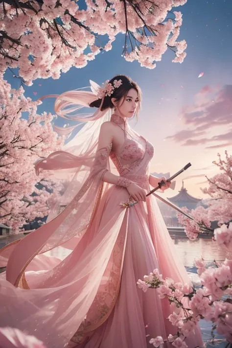 Martial arts，The female knight looks absolutely beautiful，Hot figure，Graceful and graceful，A pink dress that looks cool，Fairy sword in hand，Temperament type pink fairy air hovering，Chinese red flower palace background