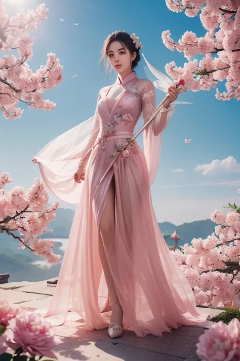 Martial arts，The female knight looks absolutely beautiful，Hot figure，Graceful and graceful，A pink dress that looks cool，Fairy sword in hand，Temperament type pink fairy air hovering，Chinese red flower palace background