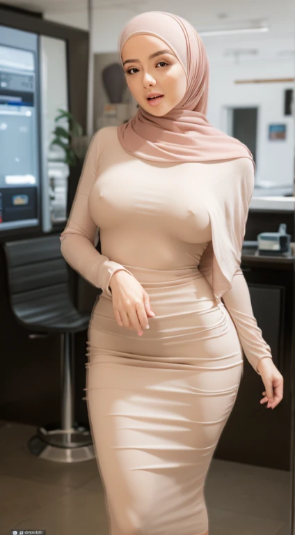 Masterpiece, (Solo: 1.1), Perfect Face, (Bright Light: 1.2), Beautiful Detailed Eyes, Highly Detailed Face, Perfect Light, Masterpiece, Excellent Quality, ((Mature Female)), 30 Years Old Female, Black Hijab Shorts  Dressed , Perfect Body Shape , Slim Waist...