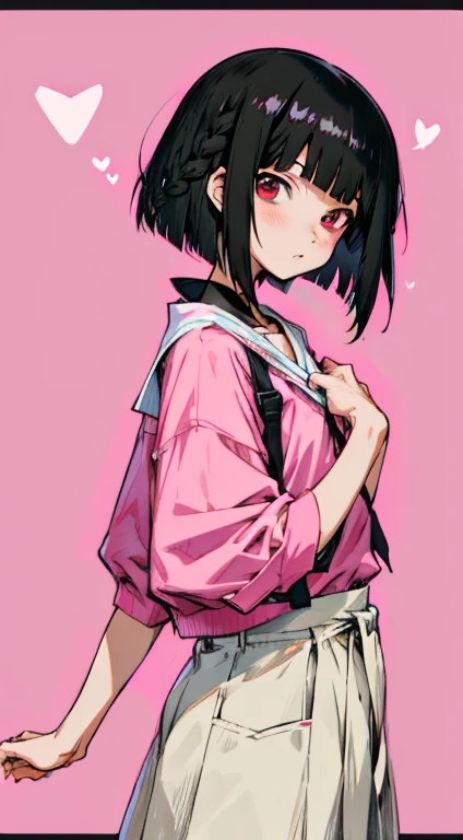 an anime illustration of an anime girl with a black bob cut in front of pink hearts with a black frame, 1girl, solo, looking at viewer, braid