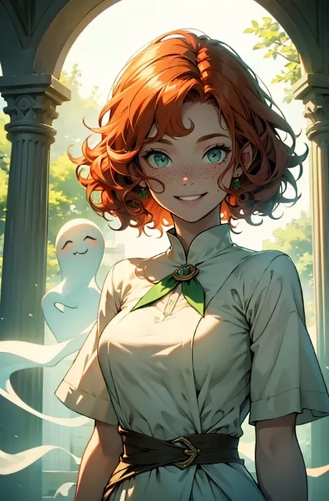 ((Best quality)), ((masterpiece)), top quality), standing alone, curly ginger hair, smiling, freckles, busty, wearing dress, is a ghost, green eyes, woman