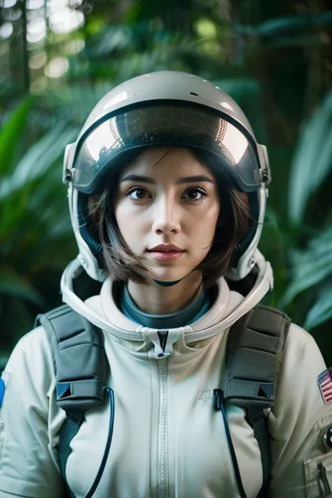 waist-up, muted photo portrait titled "female Astronaut in a Jungle"  broken helmet, muted colors, detailed, 8k. dital art