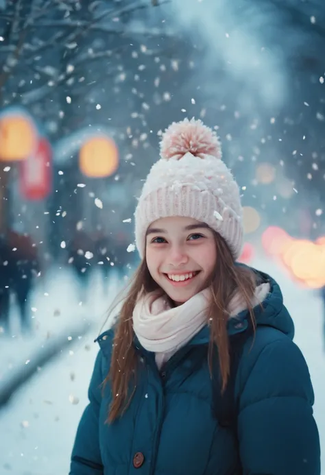 cinematic photo 1girl, smile, snow, 35mm photograph, film, bokeh, highly detailed, Kodak portra, (best quality, masterpiece, Representative work, official art, Professional, 8k:1.3)