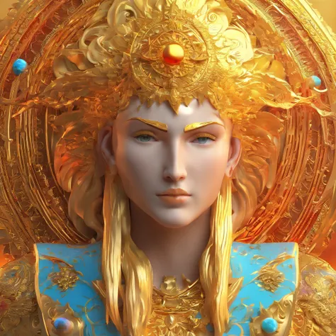 IP fire sun god, Slavic sun god, sun god, proportional body with arms and legs, golden face, Golden hair, Golden Hands, golden legs, славянский красный gold костюм, Slavic ornament on the suit and on the head, sun head, sun head, Bright red golden eyes, Fl...