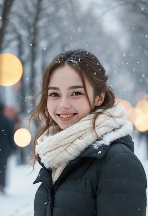 cinematic photo 1girl, smile, snow, 35mm photograph, film, bokeh, highly detailed, (realistic, photorealistic, RAWphoto:1.4), (best quality, masterpiece, Representative work, official art, Professional, 8k:1.3)