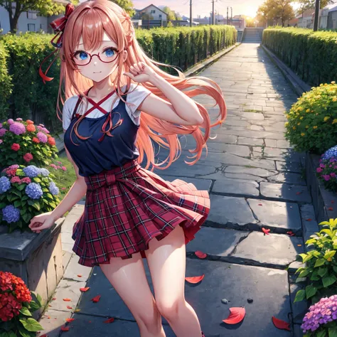 Red-blonde、blue hair、blue eyes、Braid、one good looking girl、solo、anime、Plaid miniskirt、camisole、black t-shirt、Tilting your face、Doing the ribbon、Ribbon at waist、sunset sky、stone stairs、petal、tunnel、Fallen leaves、fixing glasses、waterfall、Have a bouquet of hy...