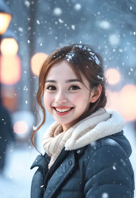 cinematic photo 1girl, smile, snow, 35mm photograph, film, bokeh, highly detailed, (realistic, photorealistic, RAWphoto:1.4), (best quality, masterpiece, Representative work, official art, Professional, 8k:1.3)