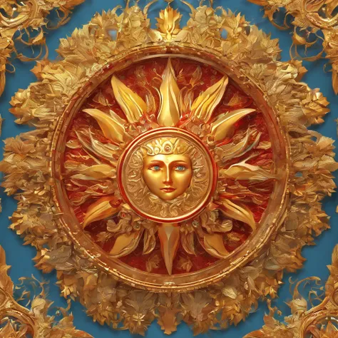 IP fire sun god, Slavic god солнца, sun god, proportional body with arms and legs, golden face, Golden hair, Golden Hands, golden legs, славянский красный gold костюм, Slavic ornament on the suit and on the head, sun head, sun head, sun face, sun face, fai...