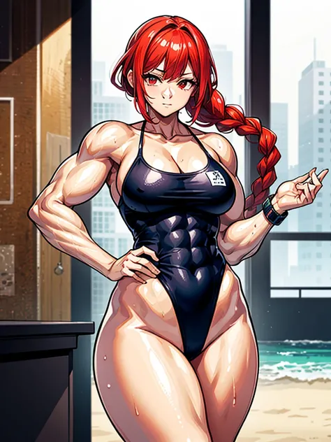 （（（masterpiece、Highest image quality、highest quality、highly detailed unity 8ｋwallpaper）））、（（Illustration of one girl））、（（（beautiful girl）））、（（red hair、Braid、sidelocks：1.2、red eyes））、（（（stocky build：1.2, thickset physique：1.3, muscular legs, broad shoulders...