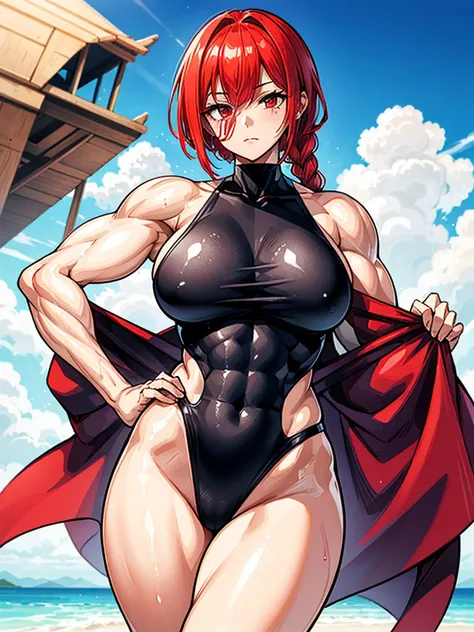 （（（masterpiece、Highest image quality、highest quality、highly detailed unity 8ｋwallpaper）））、（（Illustration of one girl））、（（（beautiful girl）））、（（red hair、Braid、sidelocks：1.2、red eyes））、（（（stocky build：1.2, thickset physique：1.3, muscular legs, broad shoulders...