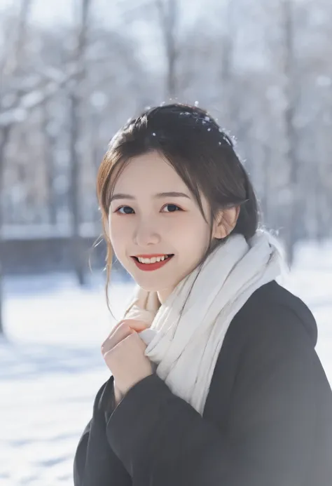 cinematic photo 1girl, smile, snow, 35mm photograph, film, bokeh, highly detailed, (realistic, photorealistic, RAWphoto:1.4), (best quality, masterpiece, Representative work, official art, Professional, 8k:1.3)