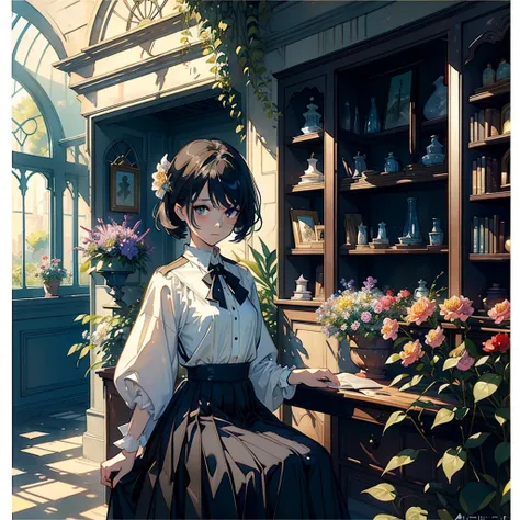 ((Watercolor by singer Sargent))、(highest quality、masterpiece)、1 girl、16 years old、wonderful、short black hair、Also々Shiime、small breasts、uniform、long skirt、piano、library、Book、flower shop、table、Floral、window、Foliage plant、 wood,