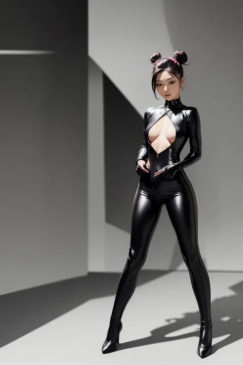 Asian female dominatrix, standing with legs open, visible vagina, full body catsuit, spiked thigh high heeled boots, hard nipples, hair in a high tight bun