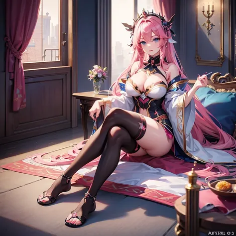 anime girl with pink hair and blue eyes sitting on a bed, a beautiful fantasy empress, artwork in the style of guweiz, 2. 5 d cgi anime fantasy artwork, guweiz on pixiv artstation, guweiz on artstation pixiv, extremely detailed artgerm, 8k high quality det...