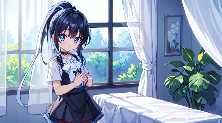 最high quality、best image quality、masterpiece、1 girl((cute、18-year-old、vest bust、medium bust、bust 85,beautiful blue eyes、wide open chest,black hair ponytail、Slender、Blue hair mesh、Beautiful black pitchley t-shirt、Beautiful black short skirt,)）high quality、b...