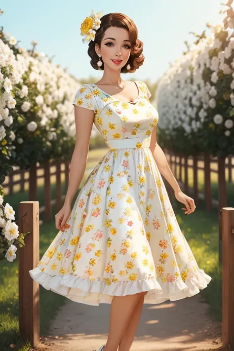 Best quality, woman, 40´s pinup style, floral white and yellow fence dress, florish