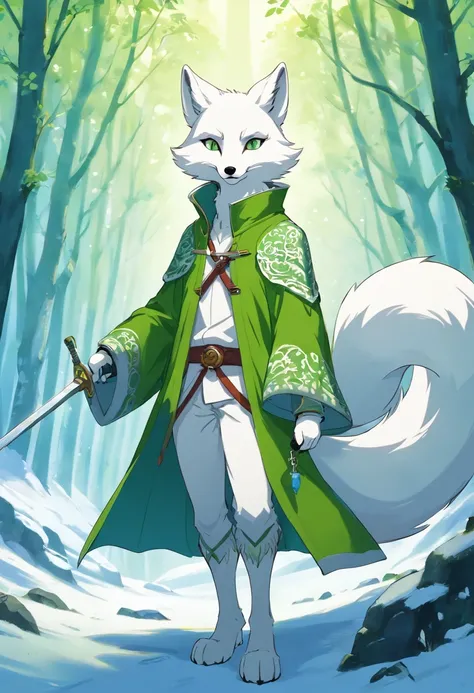 Humanoid white fox hunter, anthropomorphic white fox, upright fox, Covered with patterns, glaive in hand, polar landscape, green eyes, sleek fur