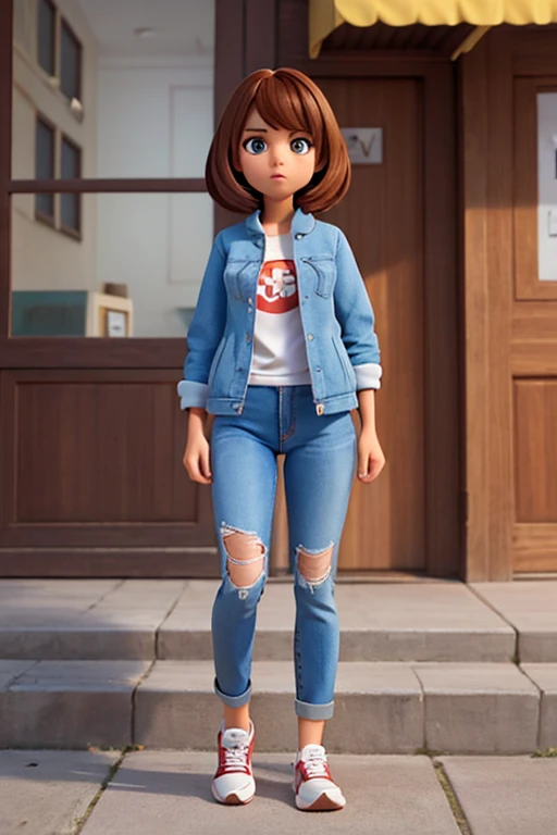 Create a 3D illustration of a female character, branca , cabelo longo, animado sentada casualmente em cima do logotipo do ChatGPT. O personagem deve usar roupas casuais modernas, como jeans, jacket and sneakers. The background of the image is a social medi...