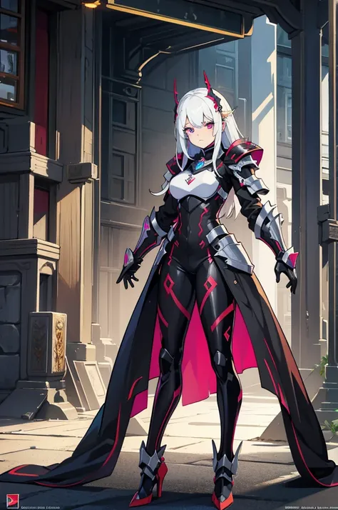 Frauen, Gesicht, White hair, Armor of the Copper Dragon, Maske, Rote Augen, High quality, super detailliert, Super Holy Armor, Vorderseite, Helles Bild, mehr Vorderseite, 4 Drachenflügel, mehr vorne, black armor, Roter-Kupfer Verzierung, Cyberpunk, Neon, m...