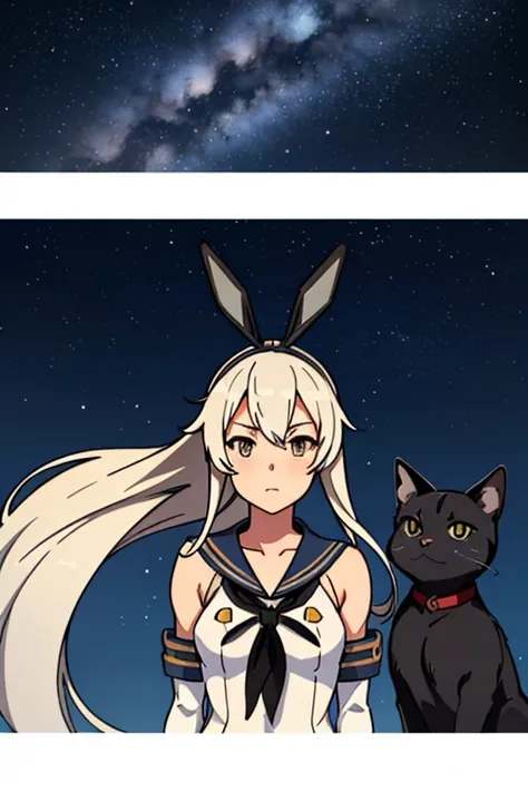 hyper detailed, perfect anatomy, extremely detailed and delicate, 1 girl, shimakaze(kancolle), night sky, stars, milkyway, with a black cat,