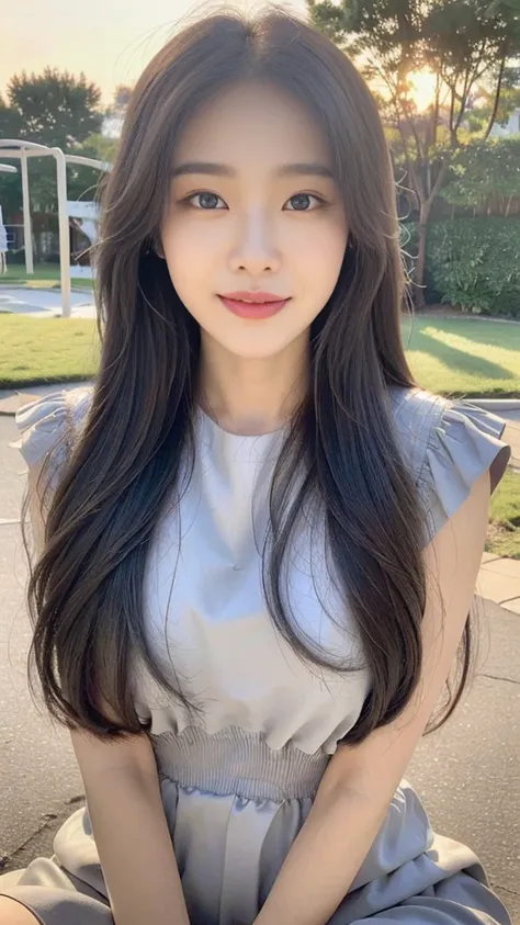 (1 Korean star with royal sister style), ((best quality, 8 thousand, masterpiece: 1.3)), focus: 1.2, perfect body proportions: 1.4, (smile), (sunset: 1.3),  teary eyes, Highly detailed face and skin textures, good eyes, double eyelid, whiten your skin, (lo...