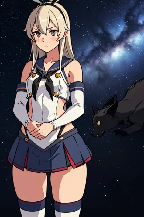 hyper detailed, perfect anatomy, extremely detailed and delicate, 1 girl, shimakaze(kancolle), microskirt, night sky, stars, milkyway, hugging a black cat,