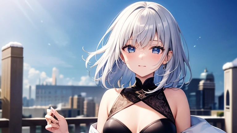 super high quality, with a girl, 20-year-old, very short hair, long bangs between the eyes, pale blue eyes , blue sky, sunlight, very detailed,(masterpiece、highest quality)、alone、gray hair、laughter、White skin as clear as snow、fantasy, silver hair, black ey...