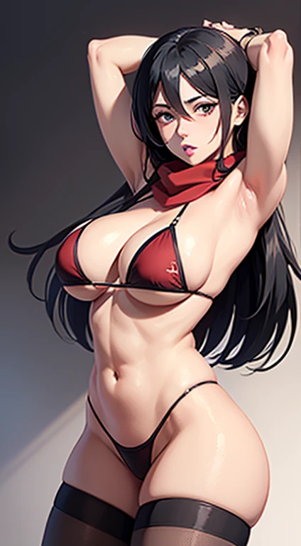 (masterpiece), best quality, expressive black eyes, perfect face, massive boobs, standing, cotton red colour bikini and cotton penty, front facing, black hair, thigh legs , Mikasa Auckerman, bracelet on her hand, red scarf on her neck