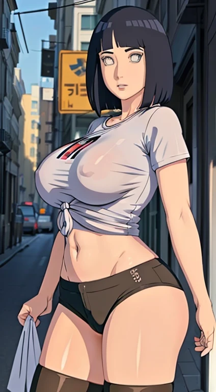 (masterpiece), best quality, expressive white eyes, perfect face, massive boobs, standing, wearing a tied t shirt and short pant, front facing, black hair, thigh legs , 