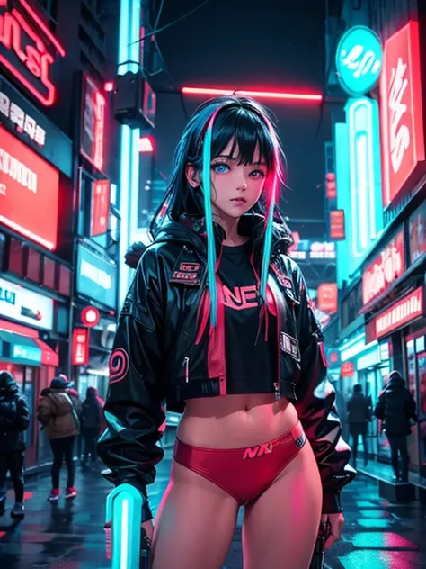 Cyberpunk girl, (neon blue 1:1), best quality, (neon red 1:2), higher detail, masterpiece, grungy futuristic city, (ray trace), city lights, crowded streets, HDR, 4k, 8k, 3D