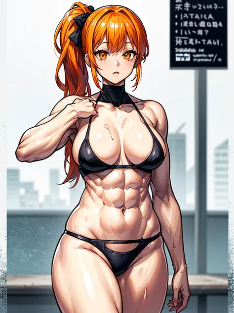 （（（masterpiece、Highest image quality、highest quality、highly detailed unity 8ｋwallpaper）））、（（Illustration of one girl））、（（（beautiful girl）））、（（orange hair、side ponytail、sidelocks：1.3、orange eyes））、（（（stocky build：1.2, thickset physique：1.3, muscular legs, b...