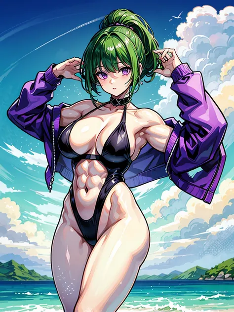 （（（masterpiece、Highest image quality、highest quality、highly detailed unity 8ｋwallpaper）））、（（Illustration of one girl））、（（（beautiful girl）））、（（green hair、pixie cut：1.3、sidelocks、purple eyes））、（stocky build, thickset physique, muscular legs, broad shoulders：...