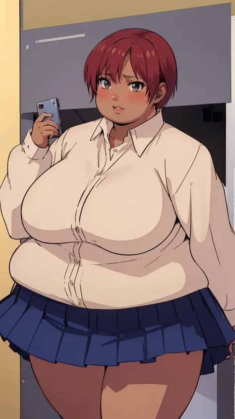 masterpiece,  best quality, highly detailed, obese KeiKsmt-KJ, shirt, brown skin, skirt,  obese body, bright eyes, blushing, selfie