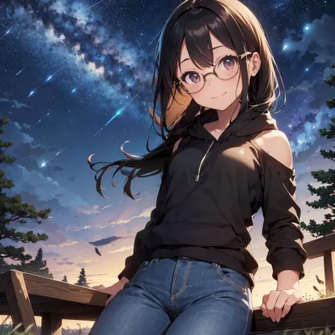 1 person picture. alone. Draw a beautiful woman, 30 years old, smiling, shoulder length brown hair, clear forehead, black glasses, black hoodie, jeans. Next to her is a piano. In the background is a nocturnal meadow with fireflies. A beautiful night sky wi...