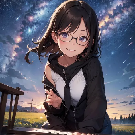 1 person picture. alone. Draw a beautiful woman, 30 years old, smiling, shoulder-length brown hair, clear forehead, black glasses, black hooded jacket, jeans, playing the piano. In the background is a meadow at night with fireflies. A beautiful night sky w...