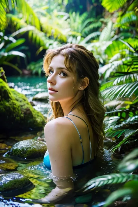 photo of woman in lake, big waterfall in background, wet hair, dark blonde hair, big eyes, long eyelashes, swimming, photorealistic, sunlight, in jungle, rocks