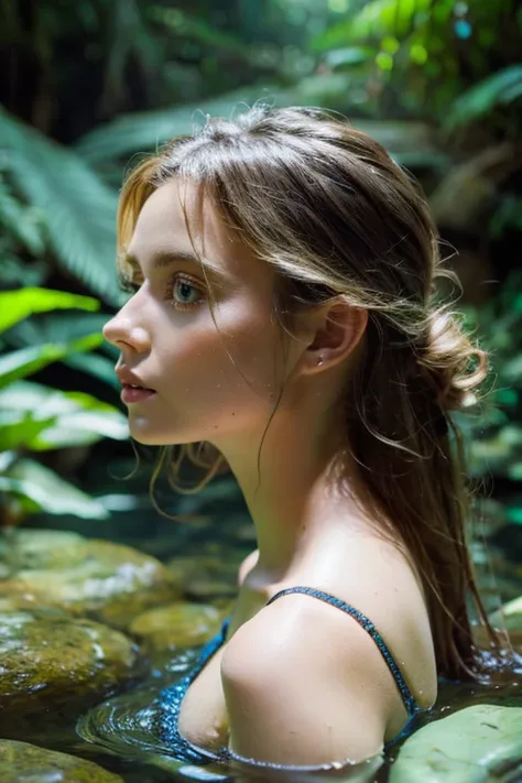 photo of woman in lake, big waterfall in background, wet hair, dark blonde hair, big eyes, long eyelashes, swimming, photorealistic, sunlight, in jungle, rocks