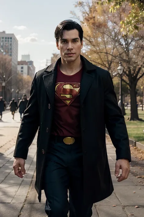 superman is wearing a coat and pants and is walking in the park 